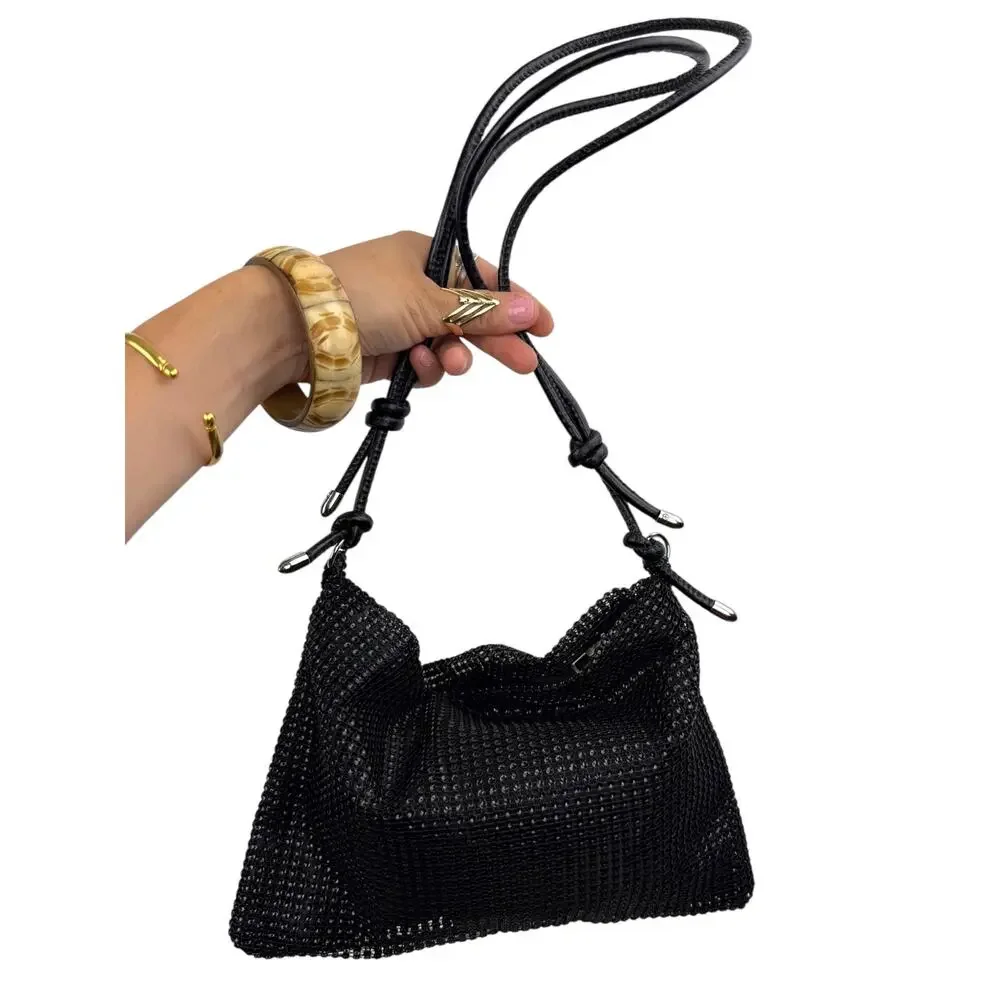 Vintage black mesh sequins disco bag with adjustable leather strap